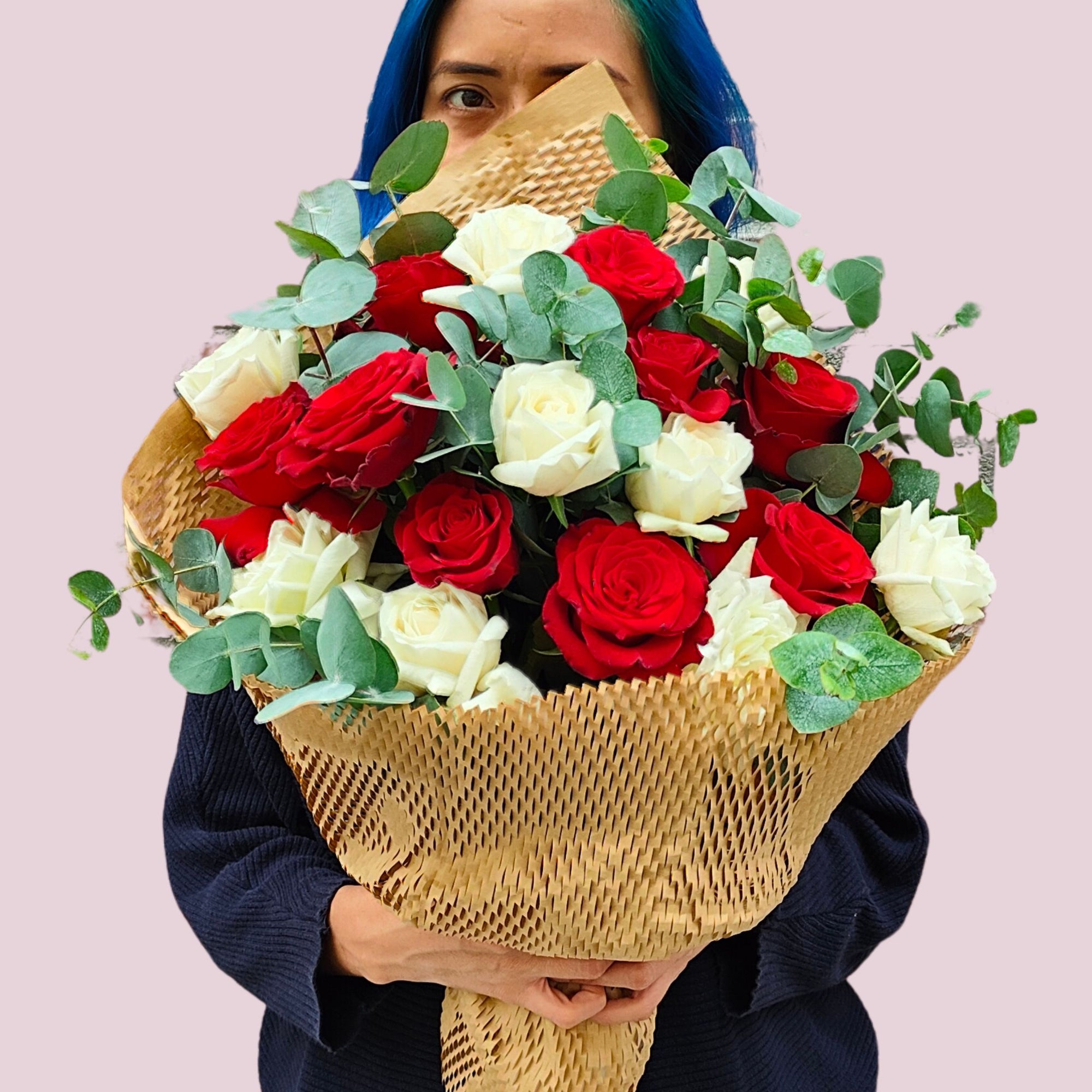 Red & White Roses Happy Bunch